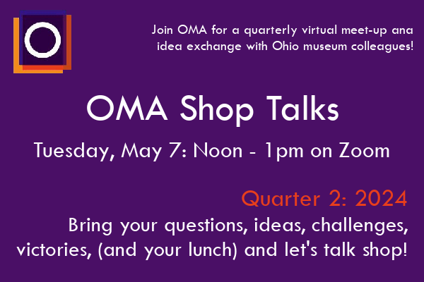 Purple background with OMA logo and text - OMA Shop Talks - May 7