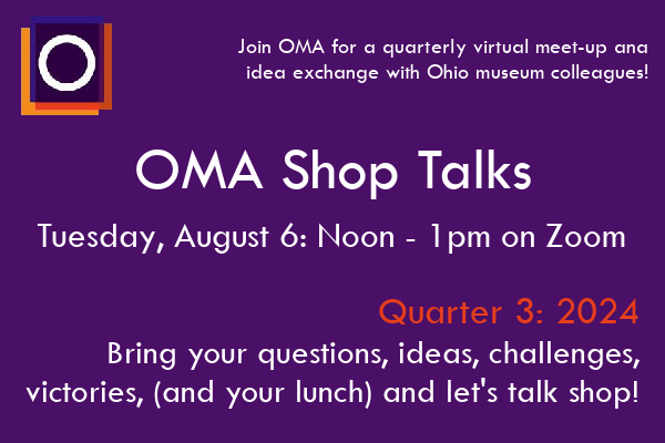 Purple background with OMA logo and text - OMA Shop Talks - August 6